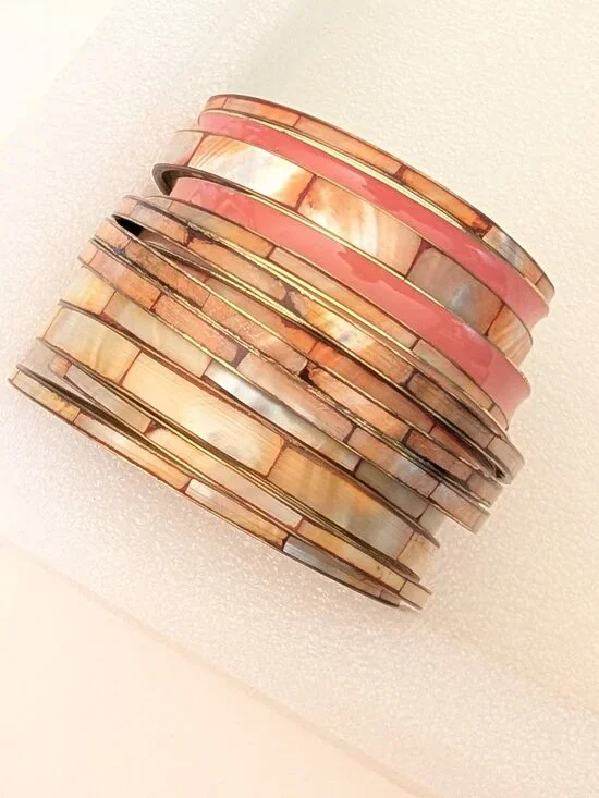 Bundle of orange toned paneled MOP bangles with coordinating enamel bangles - Picture 6 of 8